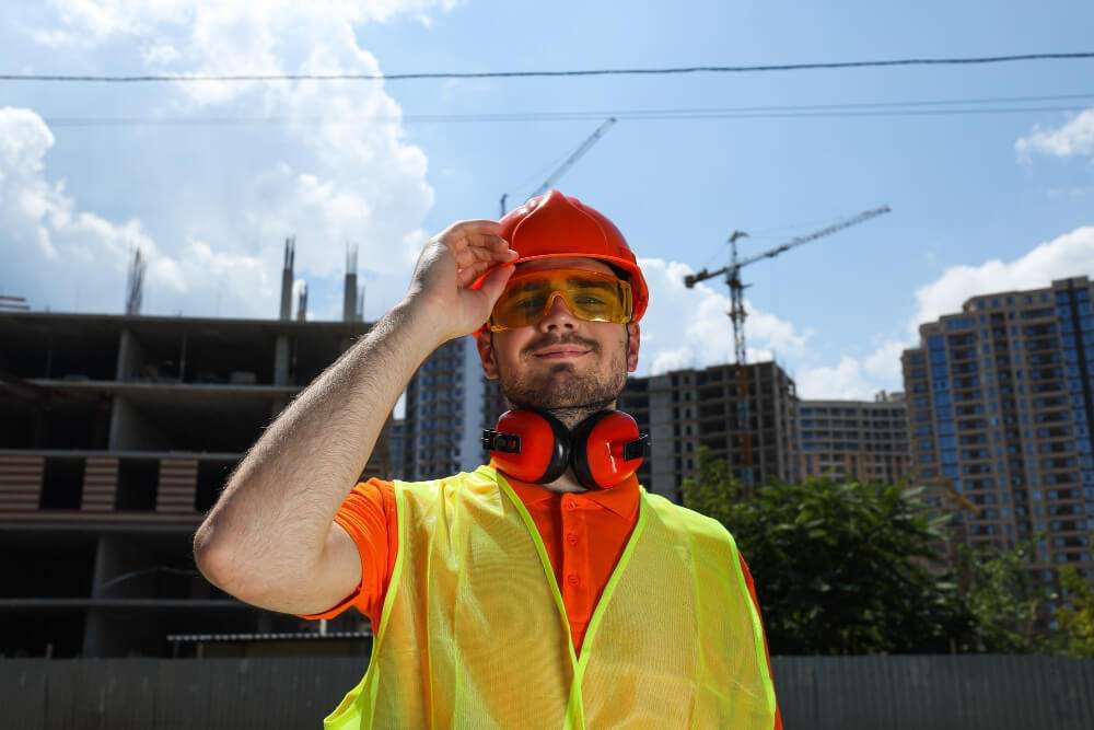 Construction worker with helmet and safety gear at building site with cranes in background.