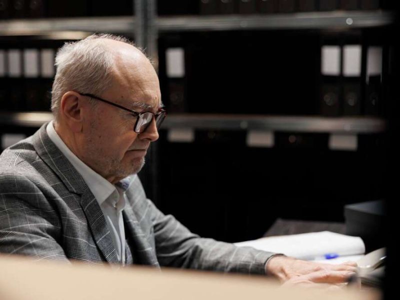 Elderly man in glasses working on a computer in a dimly lit archive room, shelves filled with binders in background.