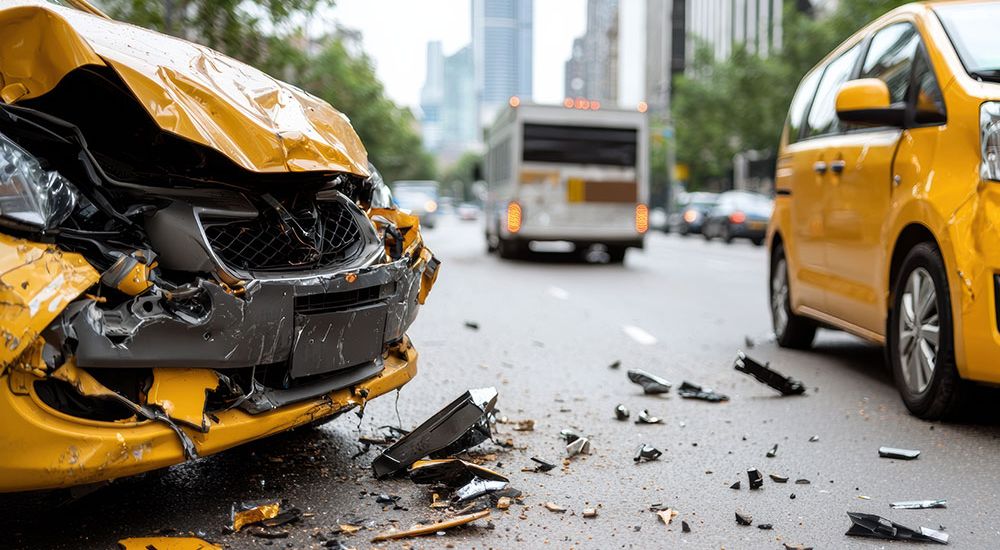 Yellow taxis with significant damage on a busy city street, debris scattered, following a collision.