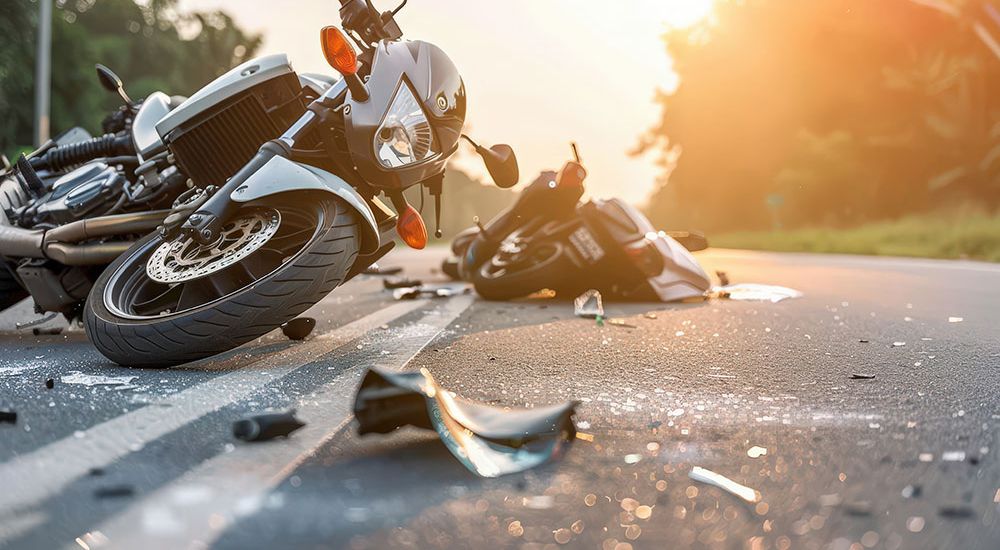 Motorcycle accident scene on a sunlit road with debris scattered, highlighting road safety concerns.