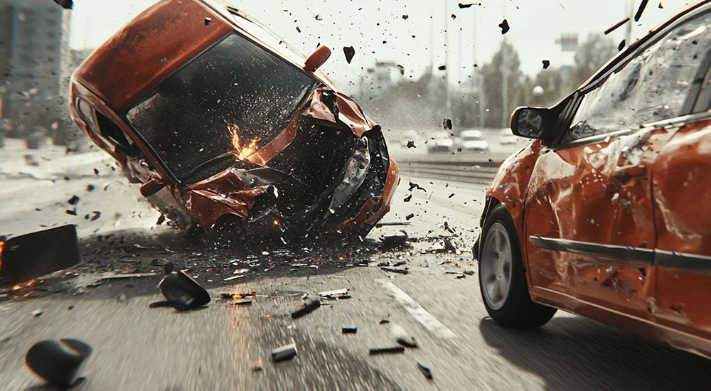 Two cars collide on a highway with debris flying, illustrating a dramatic car accident scene.