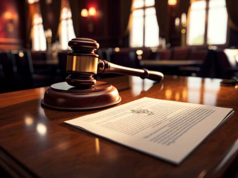 Gavel and legal document on a judge's desk in a courtroom with soft lighting.