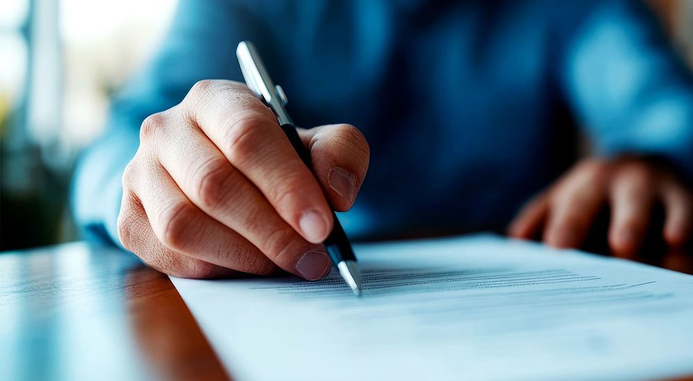 Close-up of a person signing a document with a pen on a wooden desk, wearing a blue shirt.
