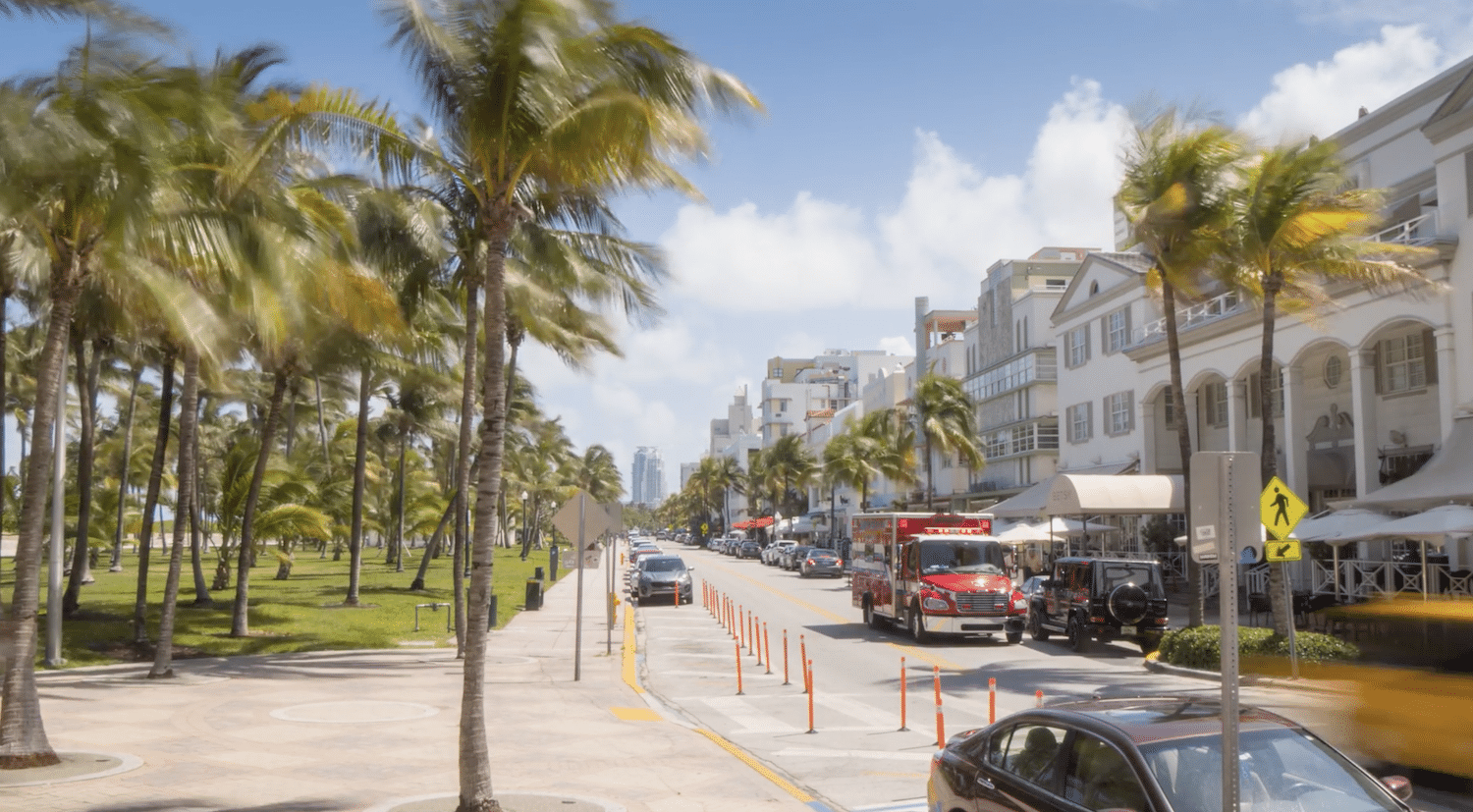 Palm-lined street with buildings and parked cars in a sunny cityscape.
