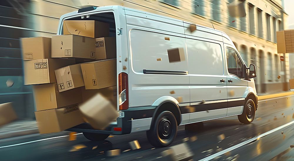 Delivery van on city street, overloaded with cardboard boxes. Fast motion blur conveys speed and urgency.