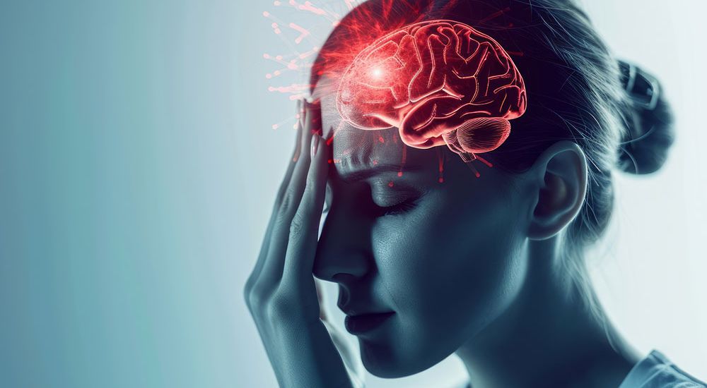 Woman with headache and digital brain illustration, symbolizing pain and neural activity.