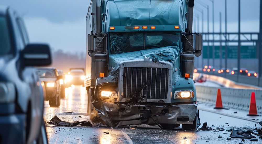 Damaged truck after highway accident in rainy conditions, with traffic and safety cones, illustrating road hazards.