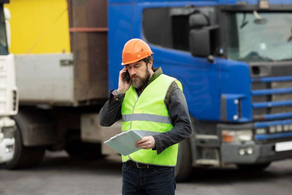 Construction worker in safety gear talking on phone, holding clipboard, standing by trucks.