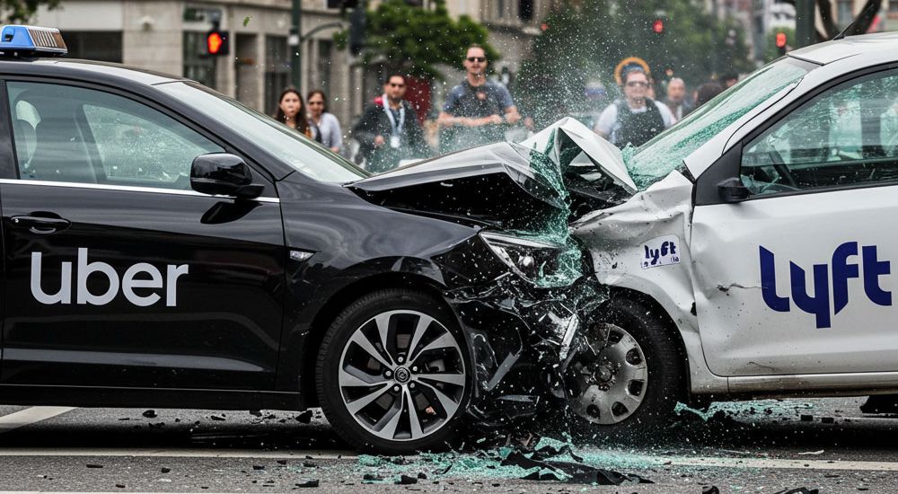 Uber and Lyft cars in a head-on collision, shattered glass on the street, bystanders watching in background.