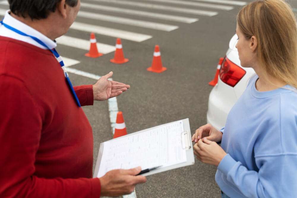 Driving test instructor guiding a student near traffic cones in a parking lot, holding a clipboard.