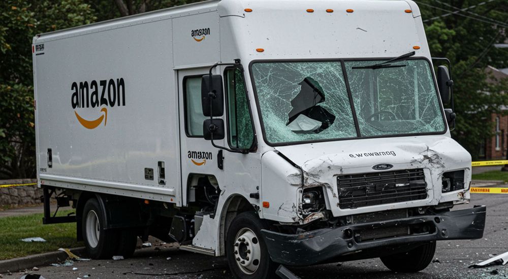 Damaged Amazon delivery truck with shattered windshield after accident on a street.