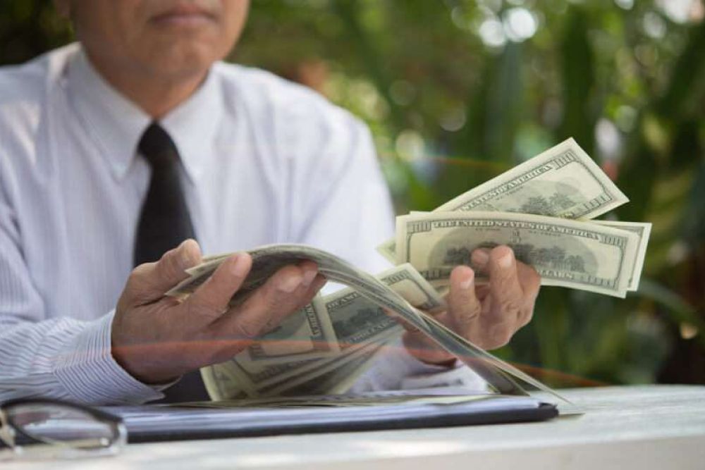Person counting dollar bills at outdoor desk, surrounded by greenery.