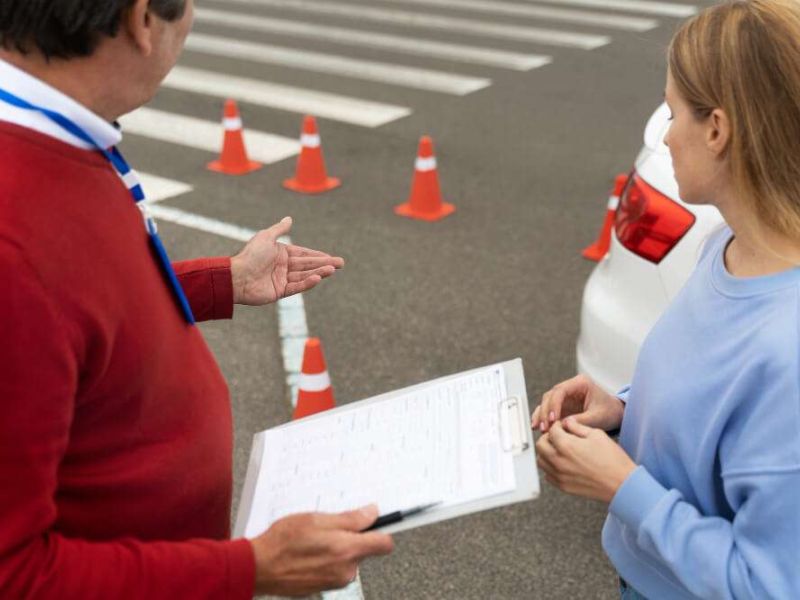 Driving test instructor guiding a student near traffic cones in a parking lot, holding a clipboard.