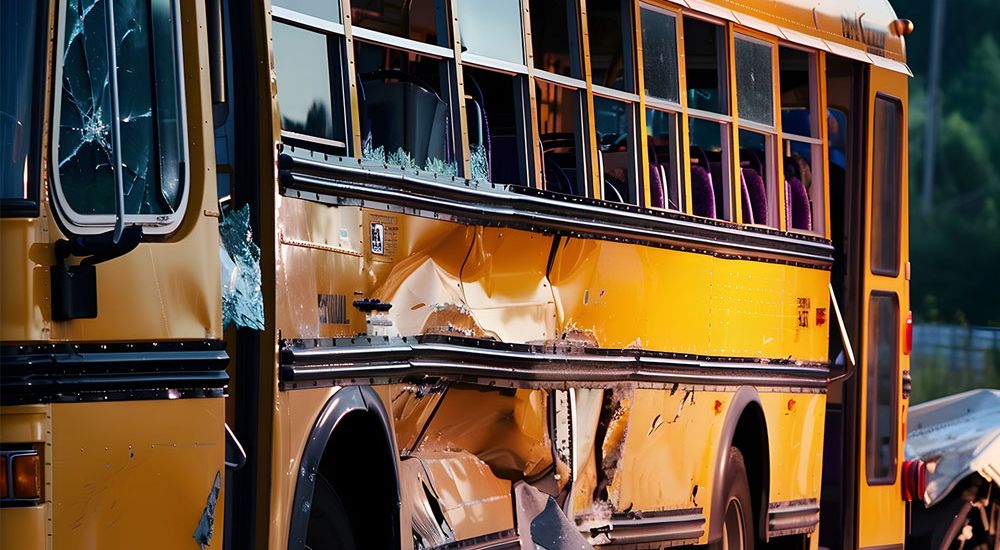 Damaged yellow school bus after a collision with broken windows and dented side in an accident scene.