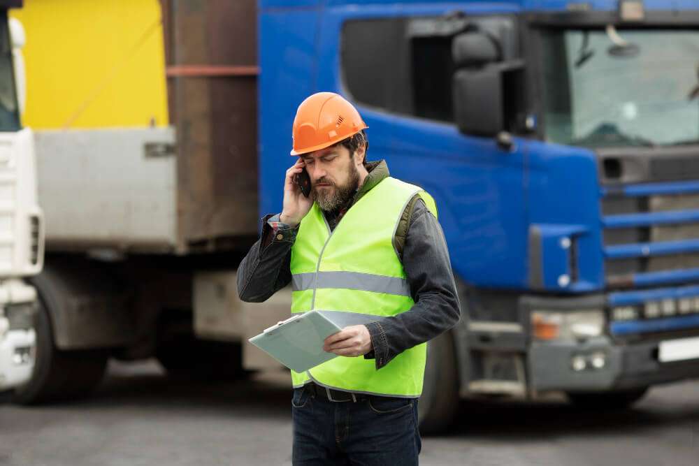Construction worker in safety gear talking on phone
