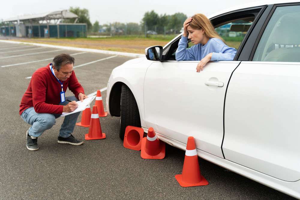Driving test examiner takes notes as a learner driver waits