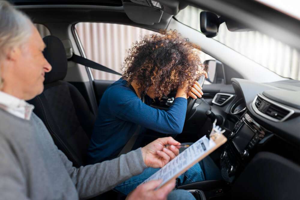 Driving test anxiety: Woman leans on steering wheel
