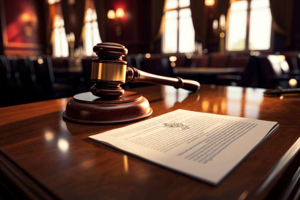 Gavel and legal document on a judge's desk in a courtroom with soft lighting.